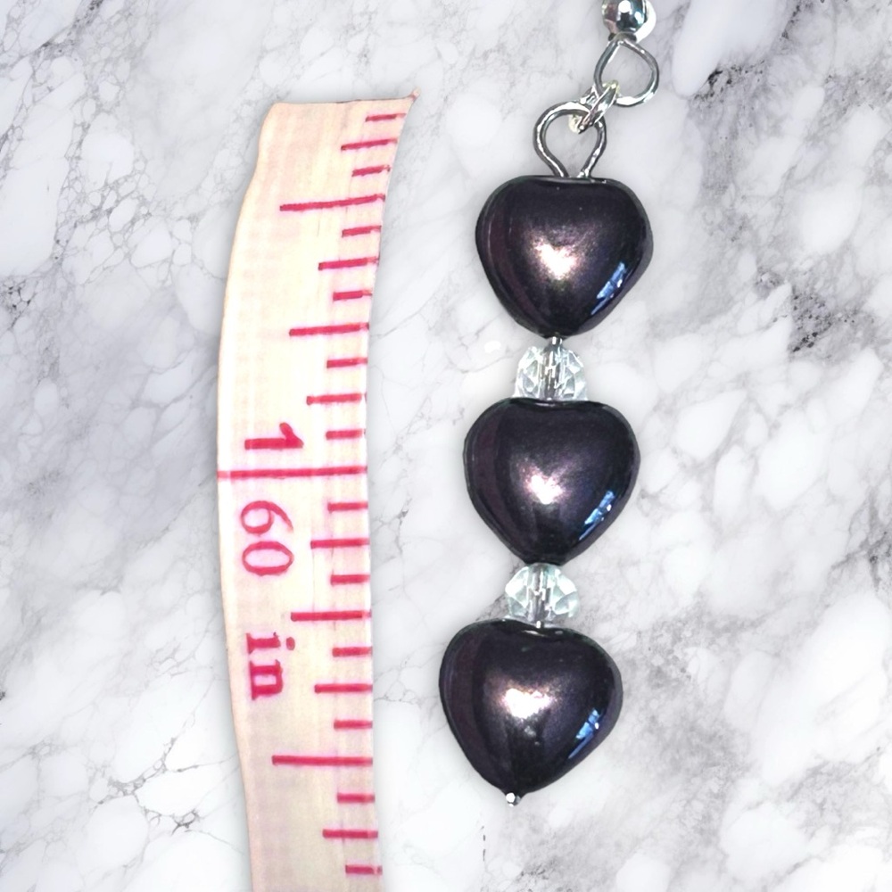 Hand Crafted Purple Heart Earrings Long Dangle Pierced Glass Beads - Picture 2 of 4